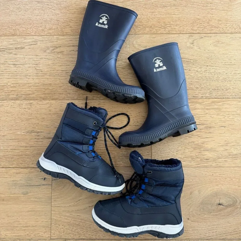 Bundle of boys size 1 & 2 Navy Blue Rain Boots Snow Boots